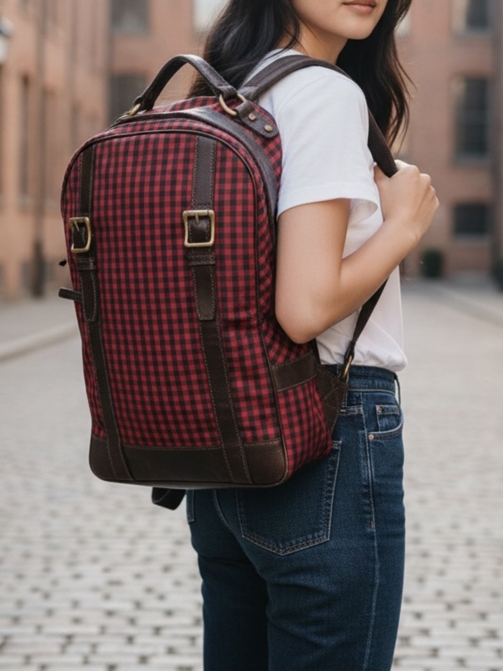 Fossil Red and Black Plaid Backpack with Brown Trim